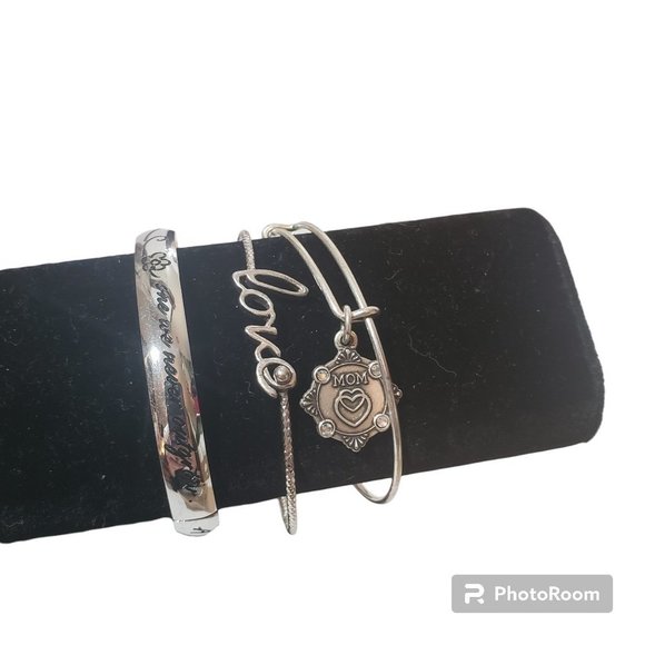 Sterling Silver Engraved Hinged Bracelet & 2 Silver Tone Bracelet - Picture 1 of 8